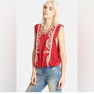 NWT Free People Dos Segundos Cherry Red Drape Top Gold Embroidered Large Boho